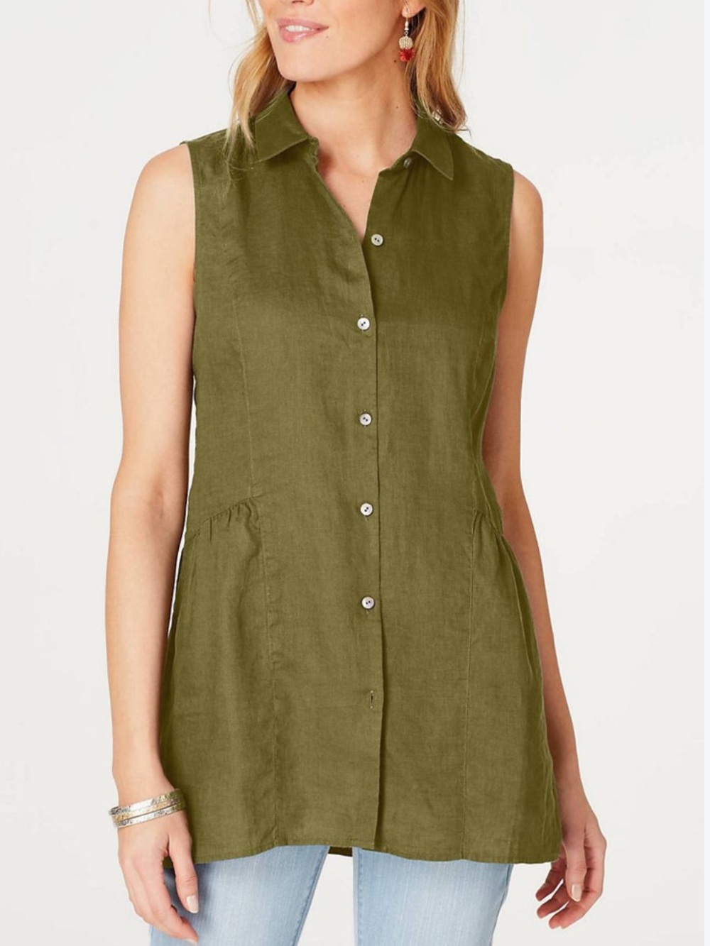 J. JILL WOMENS LINEN BUTTON DOWN TUNIC BLOUSE GREEN 2X